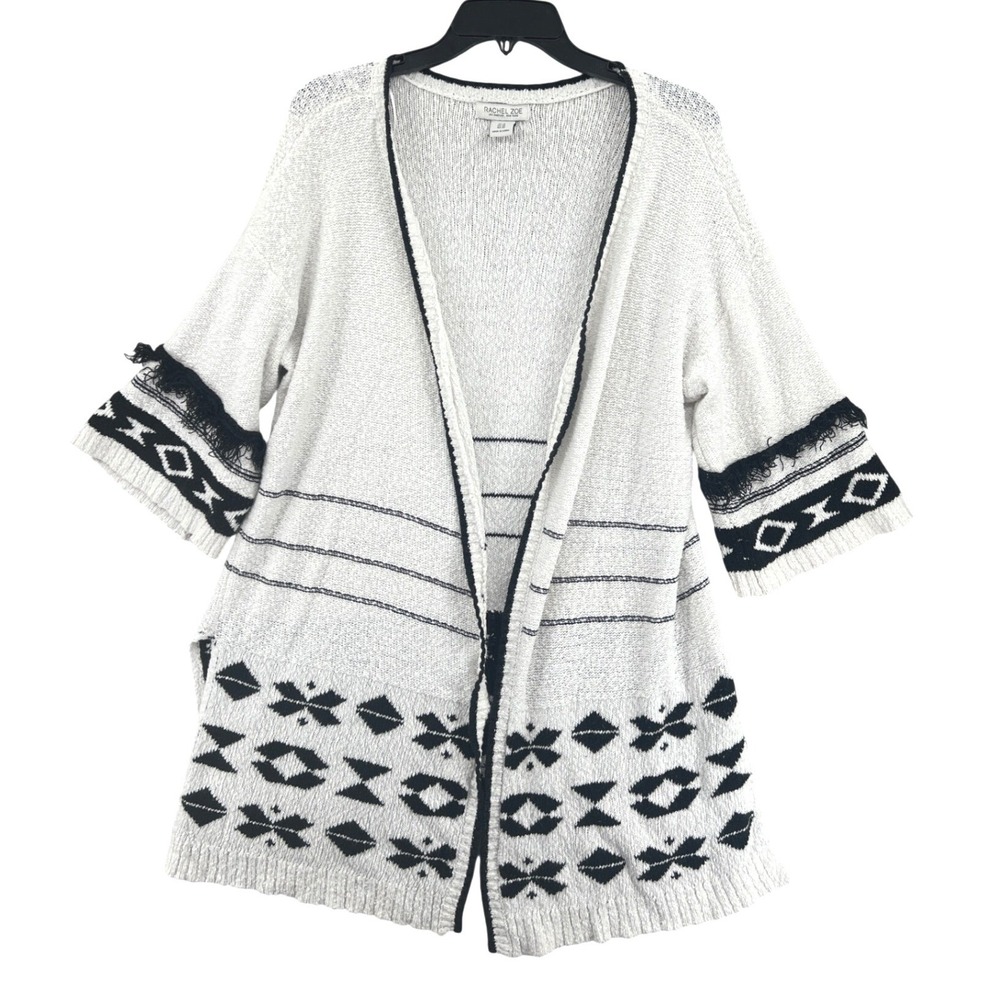 Rachel Zoe‎ Knee Length Fringe Cardigan Sweater Size 1X White Black Fringe Boho